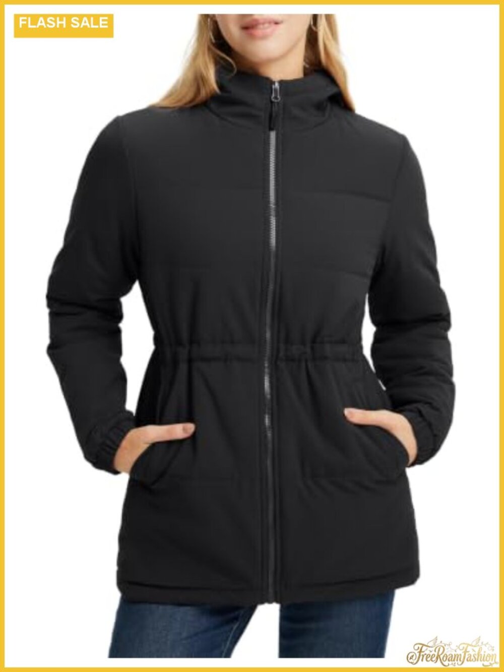 Women's Long Quilted Puffer Jacket Hooded Cinched Waist Winter Coat